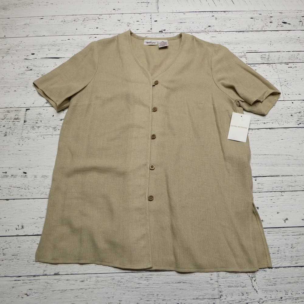 Worthington Top Womens 16W Beige Linen Blend Button‎ Up Short Sleeve Breathable